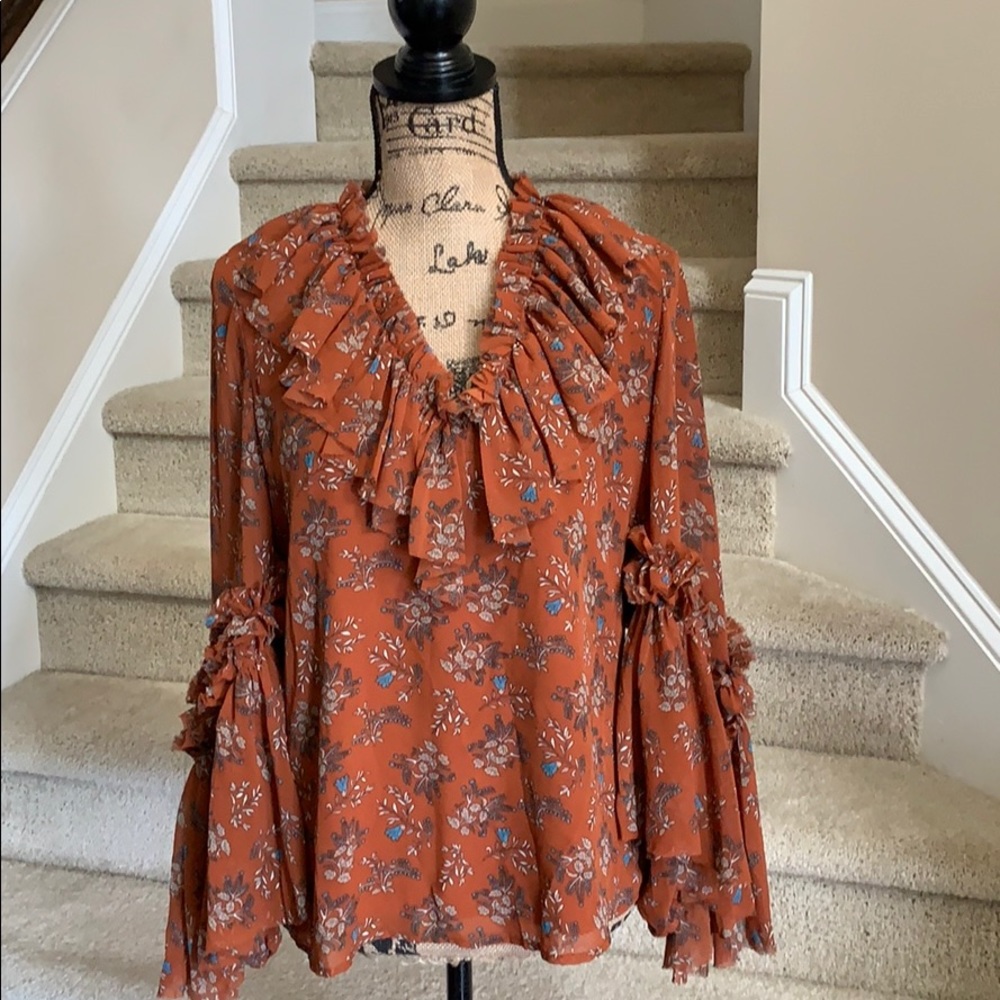 V Cristina Rust Floral Ruffle Long-Sleeve Blouse